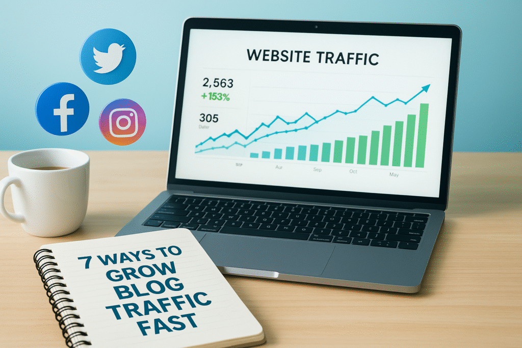Website traffic growth graph with social media icons and blog strategy notebook.