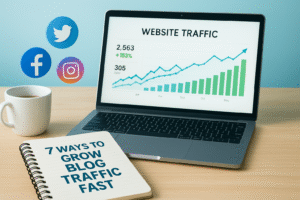 Website traffic growth graph with social media icons and blog strategy notebook.